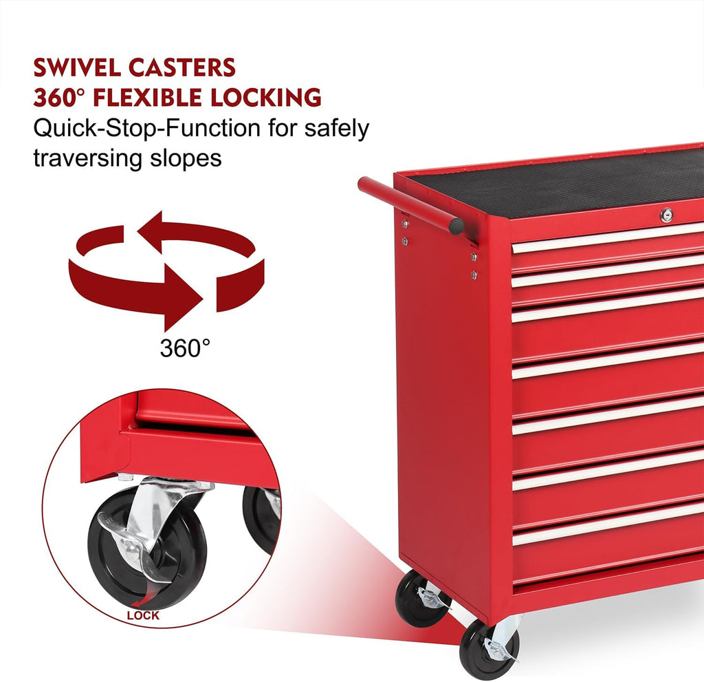 7 Drawers Rolling Tool Cart on Wheels, Multifunctional Metal Tool Storage Cabinet, Lock Tool Trolley Organizer Drawers Tool Box Tool Chest for Garage, Warehouse, Workshop, Repair Shop (RED)