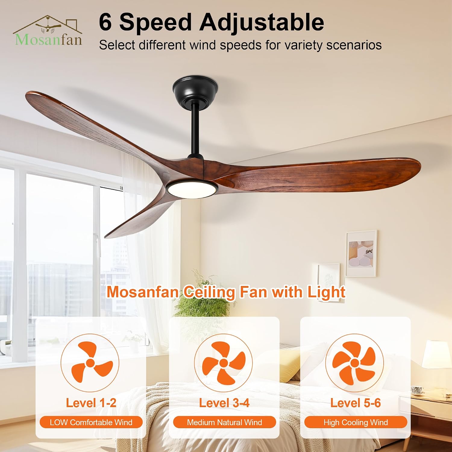 52 Inch Ceiling Fans with Lights and Remote, Wood Outdoor Ceiling Fan with 6 Speed Noiseless DC Motor, Indoor Modern 3 Blade Propeller Ceiling Fan for Bedroom Living Room Gazebo Patio(Walnut)