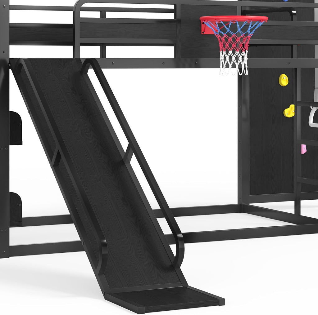 SOFTSEA Twin XL Metal Loft Bed with Slide & Basketball Hoop, Heavy Duty Bunk Bed with Storage Shelves, Climbing Wall & Pull Up Rings, Playful Basketball Slide Bed Frame, Black