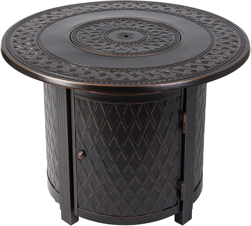 Fire Sense 62988 Wagner Woven Aluminum Convertible Gas Fire Pit Table 37,000 BTU Multi-Functional Outdoor with Fire Bowl Lid, Nylon Weather Cover & Clear Fire Glass - Bronze Finish - Round - 34'