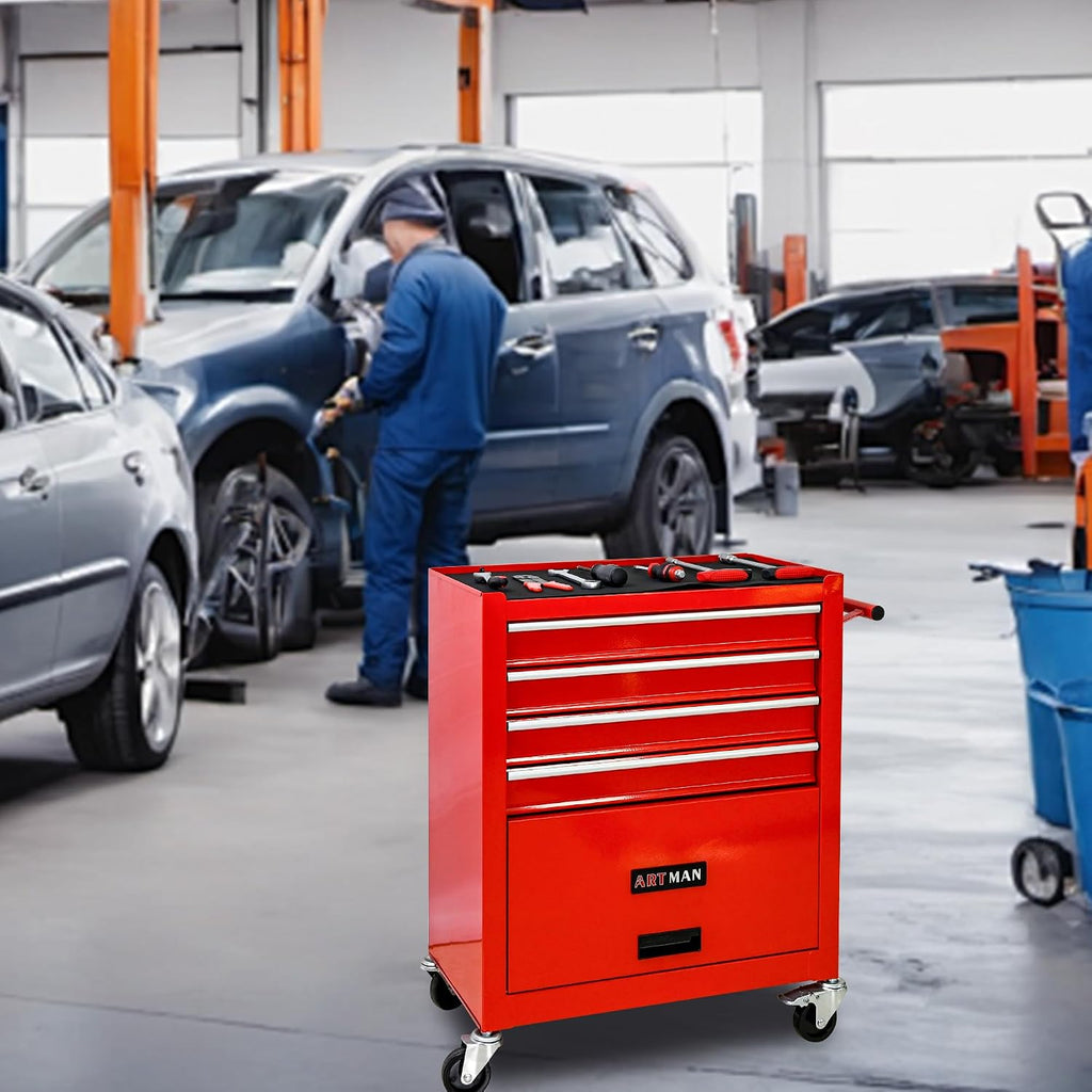 4 Drawers Tool Cart on Wheels, 4 Drawer Rolling Tool Chest, Trolley Organizer Tool Box Tool Case with 1 Cabinet, Multifunctional Tools Case for Garage,Warehouse,Workshop,Repair Shop (Red)