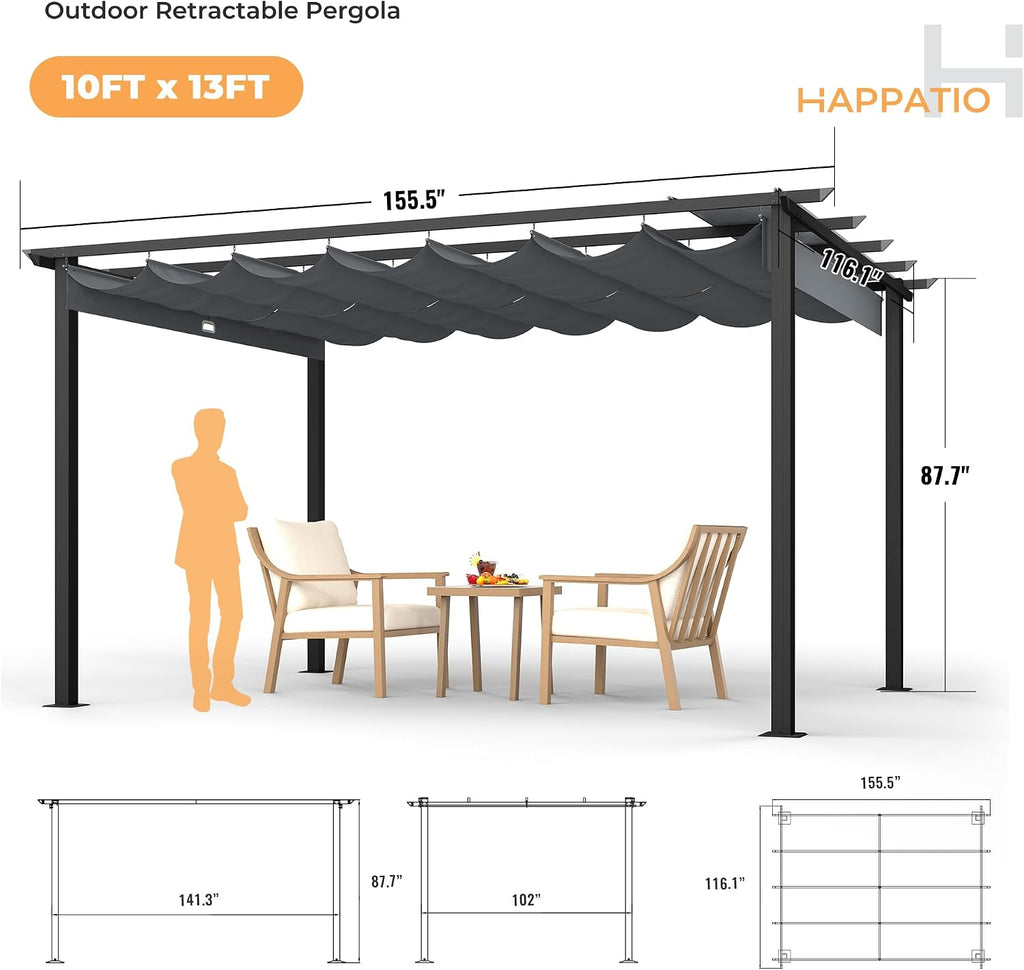 HAPPATIO 10' X 13' Retractable Pergola with Sun Shade Canopy, Patio Aluminum Frame Shelter for Backyards, Gardens, Porch, Includes Ground Studs and Expansion Screws (Grey)