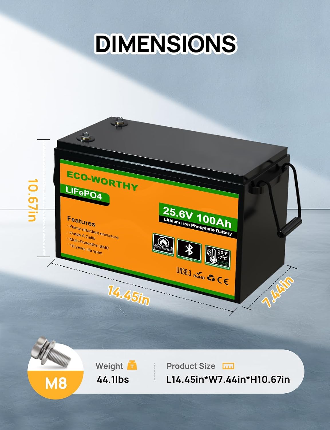 ECO-WORTHY 24V 100Ah LiFePO4 Lithium Battery, Upgraded Bluetooth Version, Deep Cycle Rechargeable Battery with Low-Temp Protection, 2560W Max for Off-Grid Solar, RV, Camper, Trolling Motor, Home Use