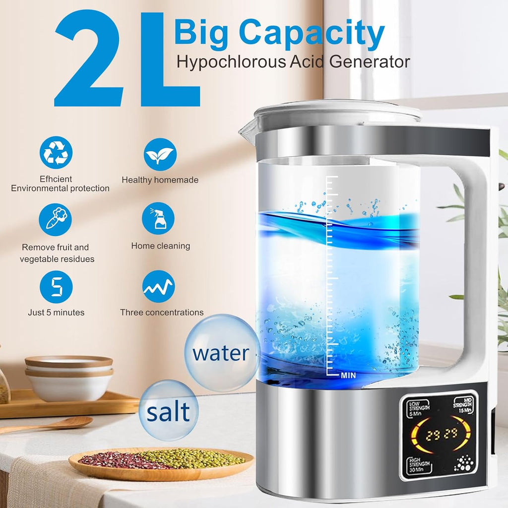 Portable Hypochlorous Acid (HOCL) Generator Machine, 2L Sodium Hypochlorous Solution Generator, Self-Made Electrolyzed Water System for Home Kitchen Hospital School Restaurant Bathroom Cleaning