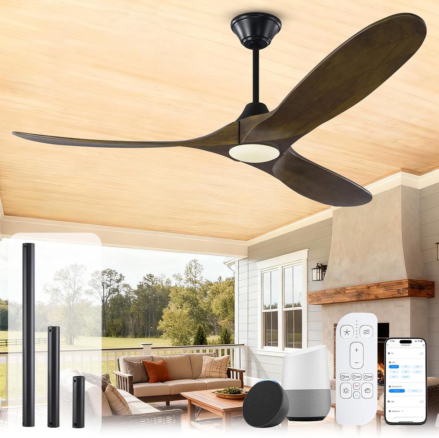 60 Inch Outdoor Ceiling Fans for Patios with Lights Damp Rated, Modern Farmhouse Wood Smart Ceiling Fan with Alexa Control, 3 Walnut Blades, Indoor High CFM Quiet DC Fan for Living Room Gazebo