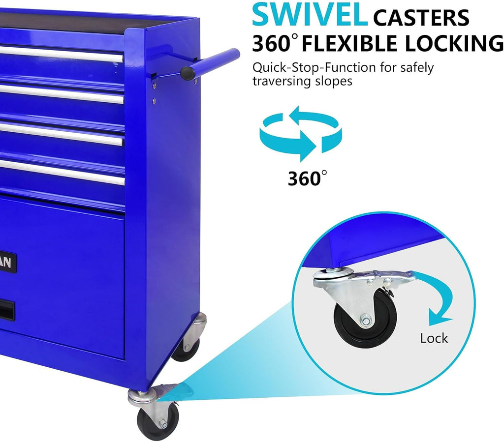 4 Drawers Rolling Tool Cart on Wheels, Trolley Organizer Tool Case Tool Chest, Multifunctional Tool Storage Tool Box for Workshop, Garage, Warehouse, Repair Shop(24.2' W×12.9' D×29.9' H-Blue)