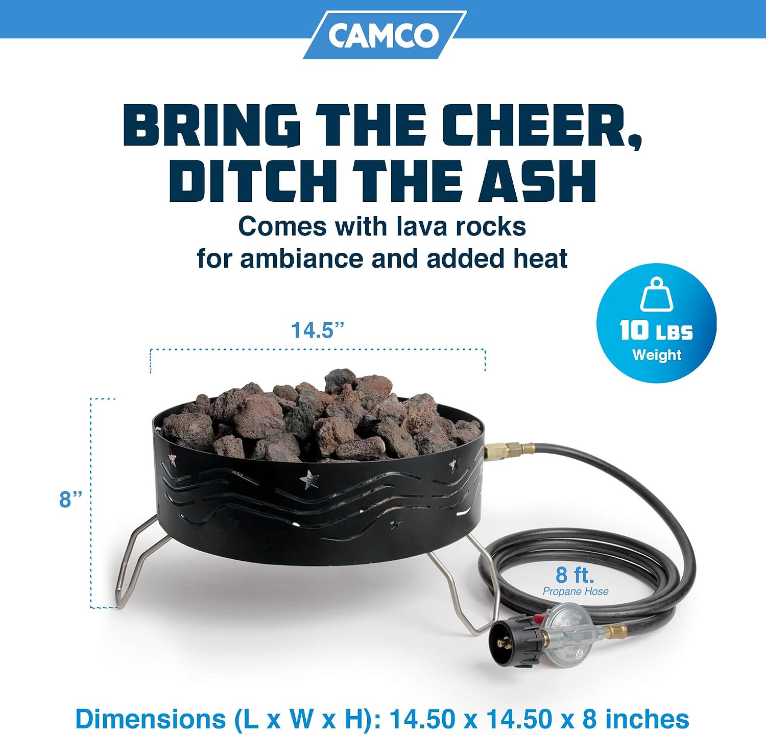 Camco 58041 Portable Campfire Outdoor Propane Heater Compact Fire Pit with Lava Rocks for Camping, Tailgating, and Patios, Black