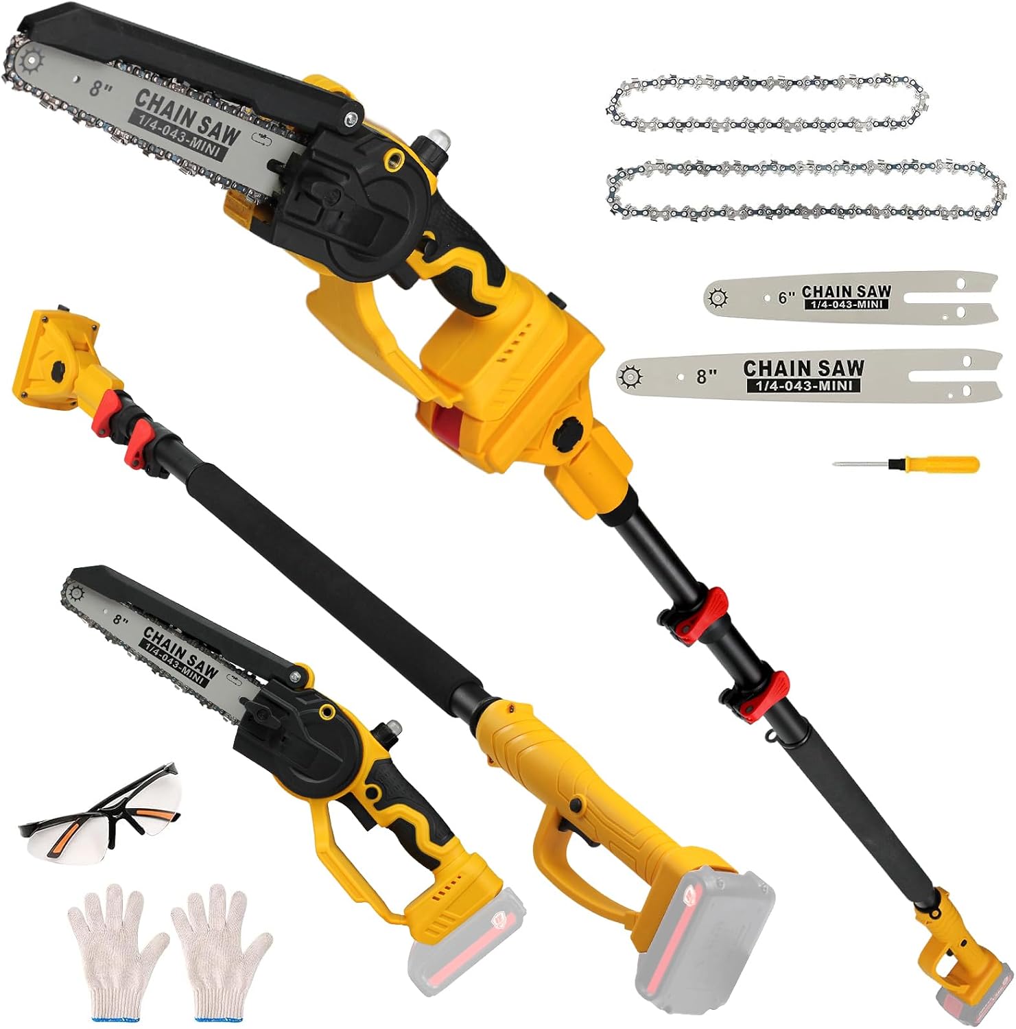 2-in-1 Cordless 8' Pole Saw & Mini Chainsaw Compatible with DeWALT 20V MAX Battery, Brushless 8 Inch & 6 Inch Telescoping Pole Chainsaw Combo Kit 15 Ft Max Reach for Tree Branches Pruning(Tool Only)
