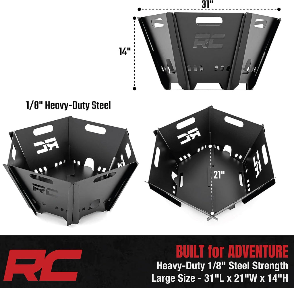 Rough Country Portable Fire Pit for Camping with Carry Bag - Heavy-Duty Steel, Quick Tool-Free Setup, Outdoor Collapsible Fire Pit for Overland, Tailgating & Backyard Use