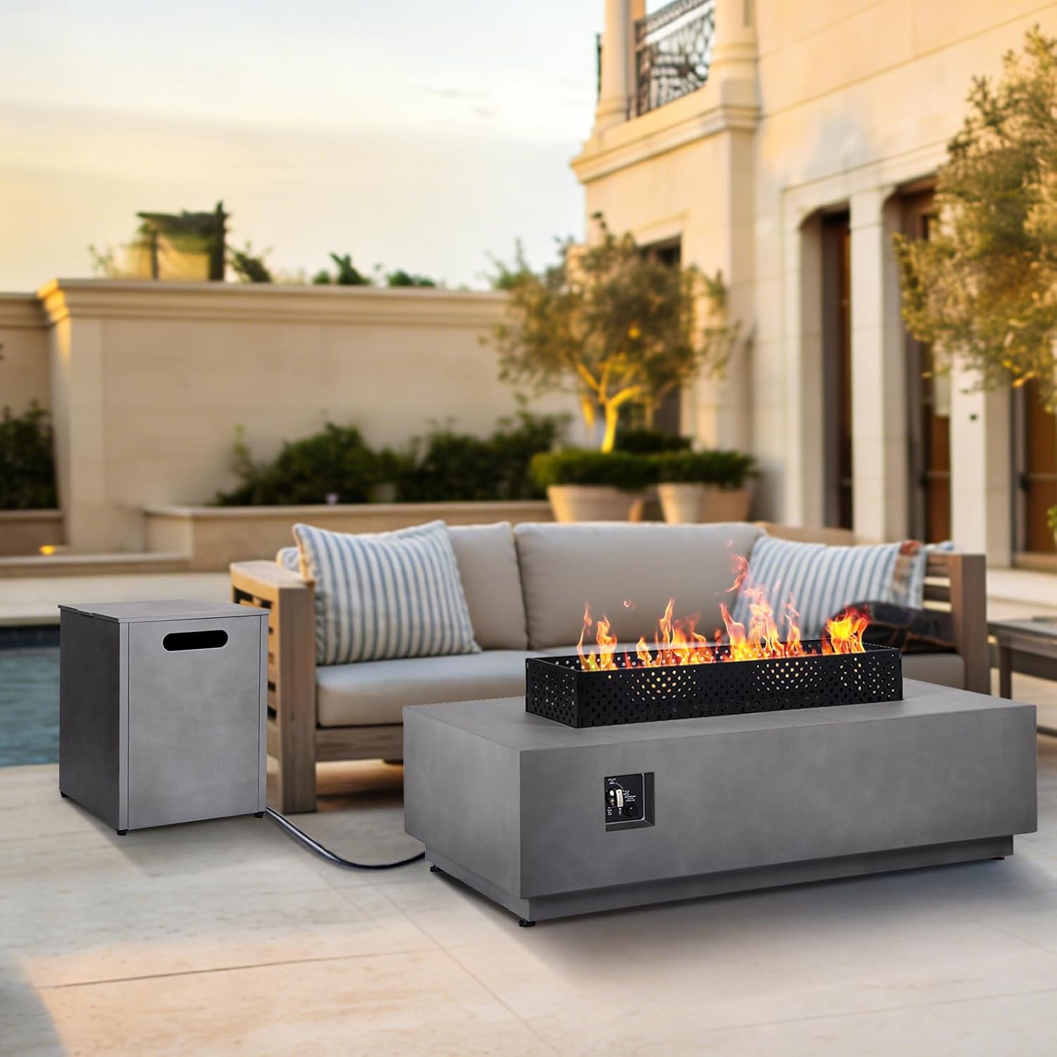 3-in-1 Propane Fire Pit Table, 42 Inch Rectangular Outdoor Fire Pit, 50,000BTU Firepit Table for Outside Patio with Tank Hidden Table, Griddle, Wind Guard, Lid, CSA Certified, Grey