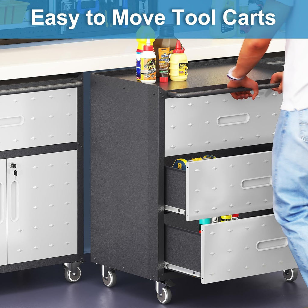 Metal Garage Cabinet on Wheels, Heavy Duty Steel Rolling Tool Cabinets with Drawers, Mobile Tool Cart Garage Storage Cabinets for Warehouse Basement, Assembly Required