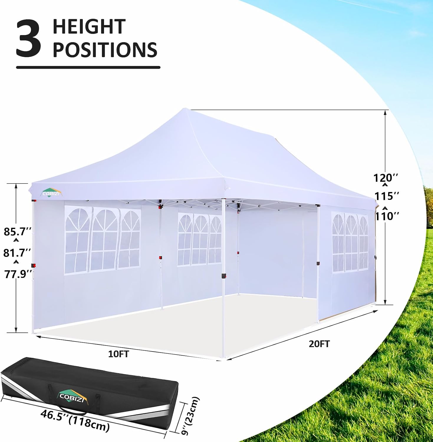 COBIZI 10x20 Pop Up Canopy with 4 Sidewalls, Conical Party Tent 10x20 with 3 Adjustable Height Waterproof, UV-Resistant with Carry Bag, Sandbag, Stake, Ropes for Parties, Commercial (Frame Upgraded)