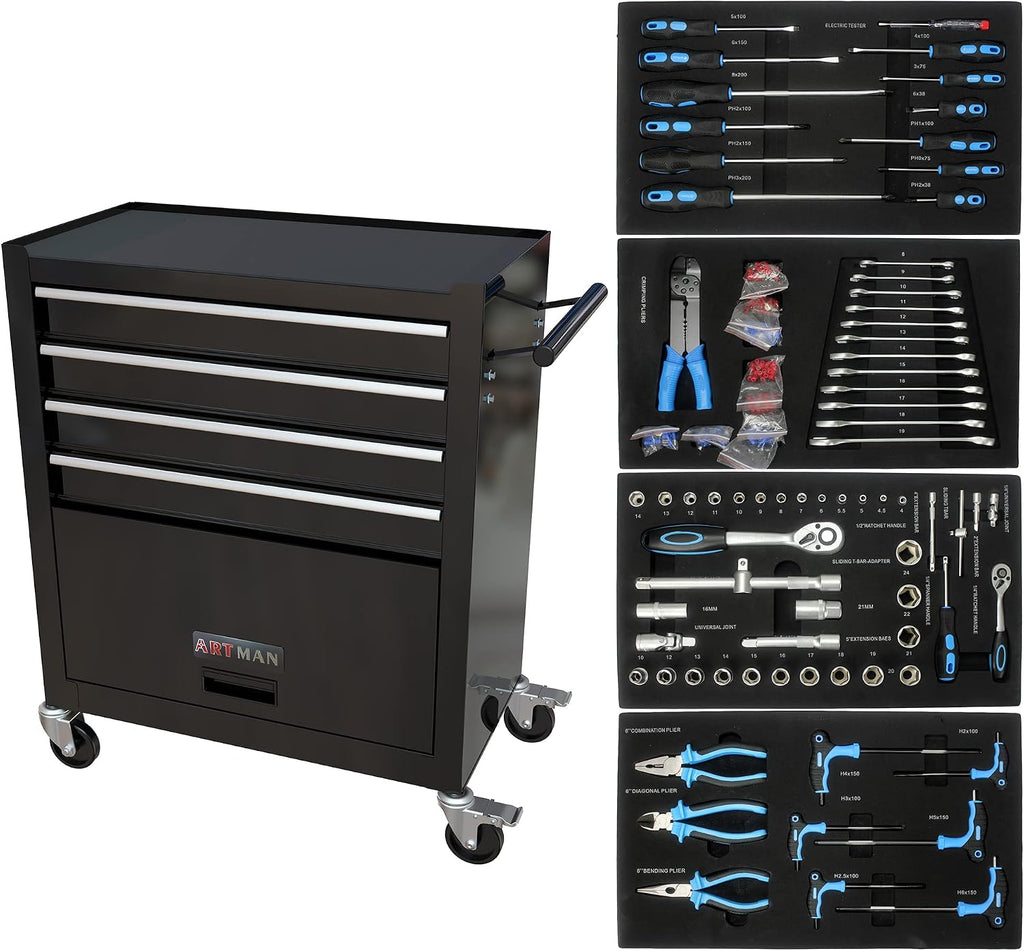 Campfun 238PCS Tool Set, 4 Drawers Rolling Tool Box with Tool Sets, Metal Tool Storage Cabinet for Home, Tool Cart Mechanics Kit Organizer for Garage Workshop Repair Shop, Black