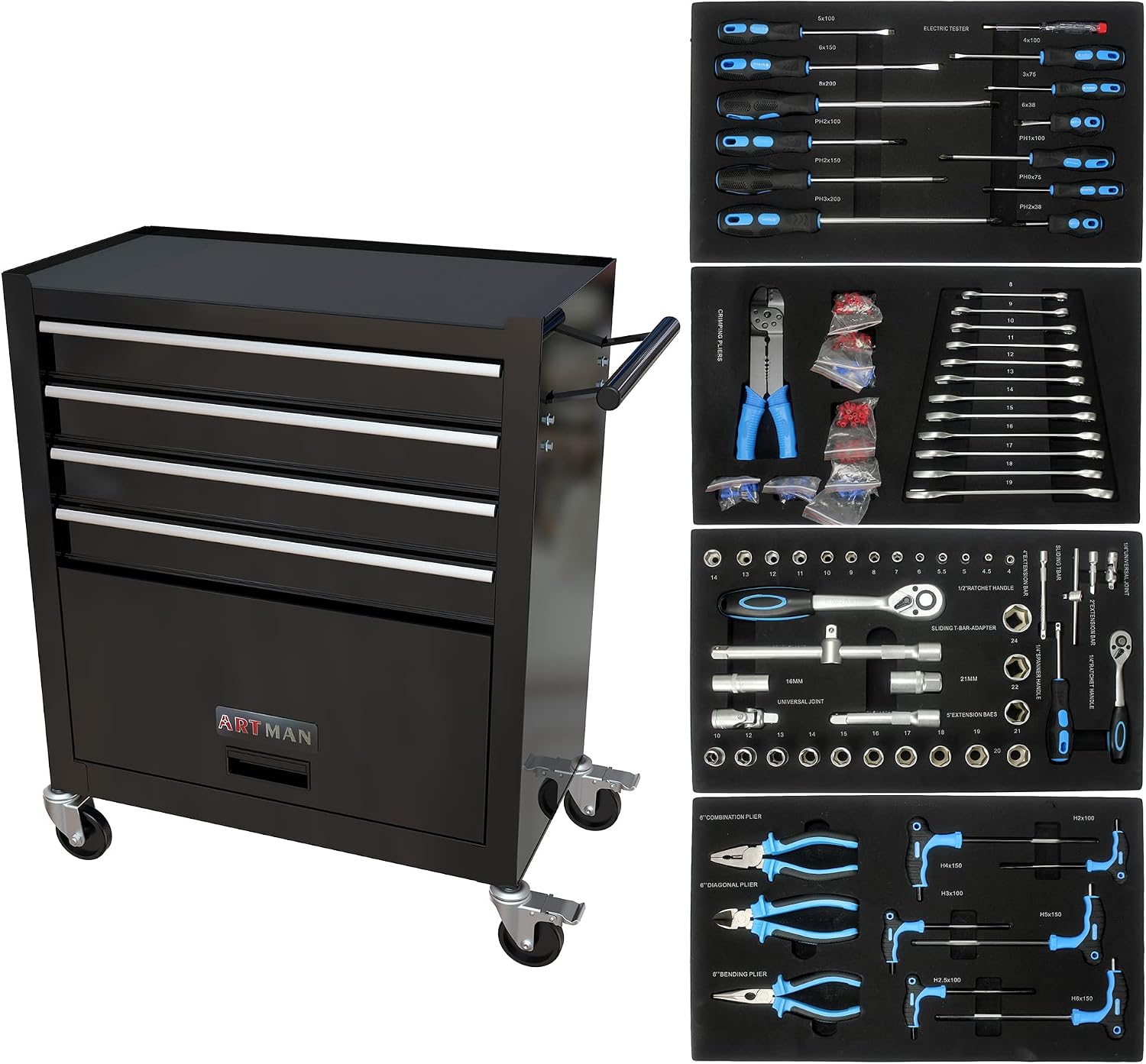 Campfun 238PCS Tool Set, 4 Drawers Rolling Tool Box with Tool Sets, Metal Tool Storage Cabinet for Home, Tool Cart Mechanics Kit Organizer for Garage Workshop Repair Shop, Black
