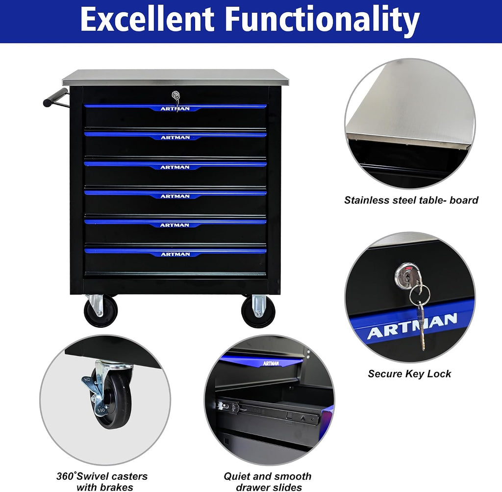 6 Drawers Rolling Tool Box on Wheels, Stainless Steel Countertop Multifunctional Tool Chest Cabinet with Lock, Drawers Rolling Tool Cart Trolley Organizer Tool Storage Case for Garage,Warehouse
