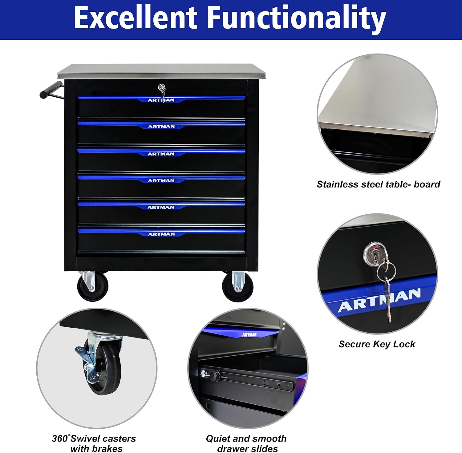 6 Drawers Rolling Tool Box on Wheels, Stainless Steel Countertop Multifunctional Tool Chest Cabinet with Lock, Drawers Rolling Tool Cart Trolley Organizer Tool Storage Case for Garage,Warehouse