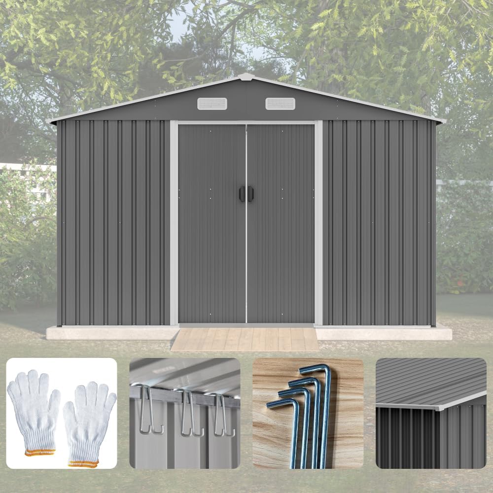 Large Outdoor Storage Shed 10x12 FT, Heavy-Duty Metal Garden Tool Organizer with Lockable Doors and Weather-Resistant Roof for Backyard (10x8 ft Grey-1)