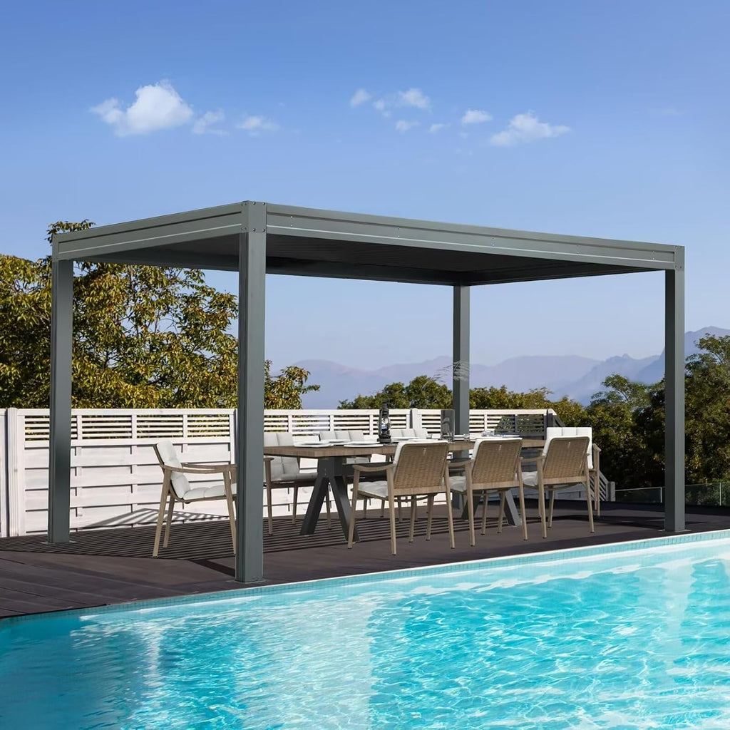 Domi Outdoor Louvered Pergola 10x13FT with Adjustable Steel Roof, Outdoor Aluminum Frame Rainproof Pergola for Backyard, Garden and Lawn,Gray