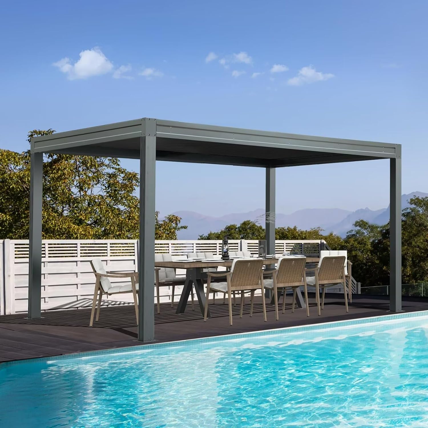 Domi Outdoor Louvered Pergola 10x13FT with Adjustable Steel Roof, Outdoor Aluminum Frame Rainproof Pergola for Backyard, Garden and Lawn,Gray