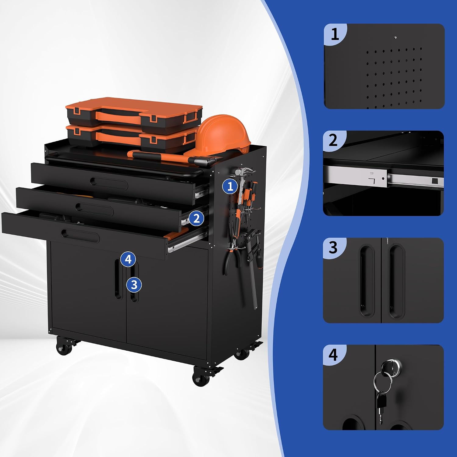 RYH 29.5' W Rolling Tool Cabinet Metal Garage Storage Cabinet on Wheels, Locking Rolling Tool Chest for Workshop, Heavy Duty Tool Cart with Drawers (Black+, 3 Drawers 2Door34.4 H ×29.5' W)
