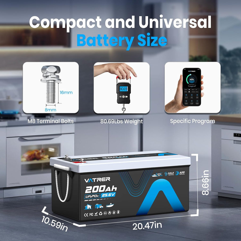 24V 200AH Low/High Temp Cutoff LiFePO4 Lithium Battery with Self-Heating & APP Monitoring, Built-in 200A BMS, Rechargeable Battery with 5.12kW for Trolling Motor, RV/Camper, Solar,Home,Off-Grid,Backup
