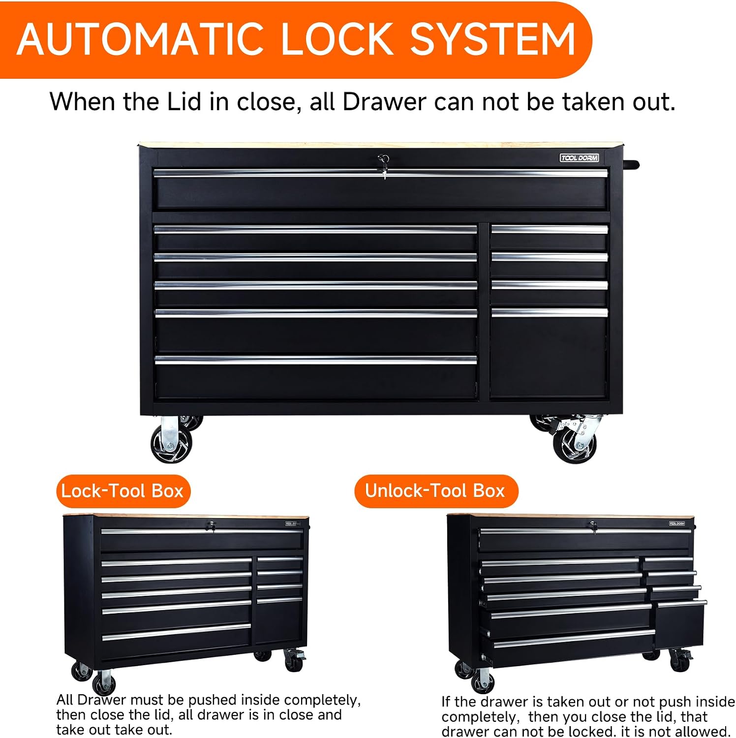 Rolling Large Tool Chest 56-Inch 10 Drawers, Big Tool Chest with Drawers, Workbench with Wooden Top and Power Strip, Rolling Toolbox with Drawers and Locking System, Black