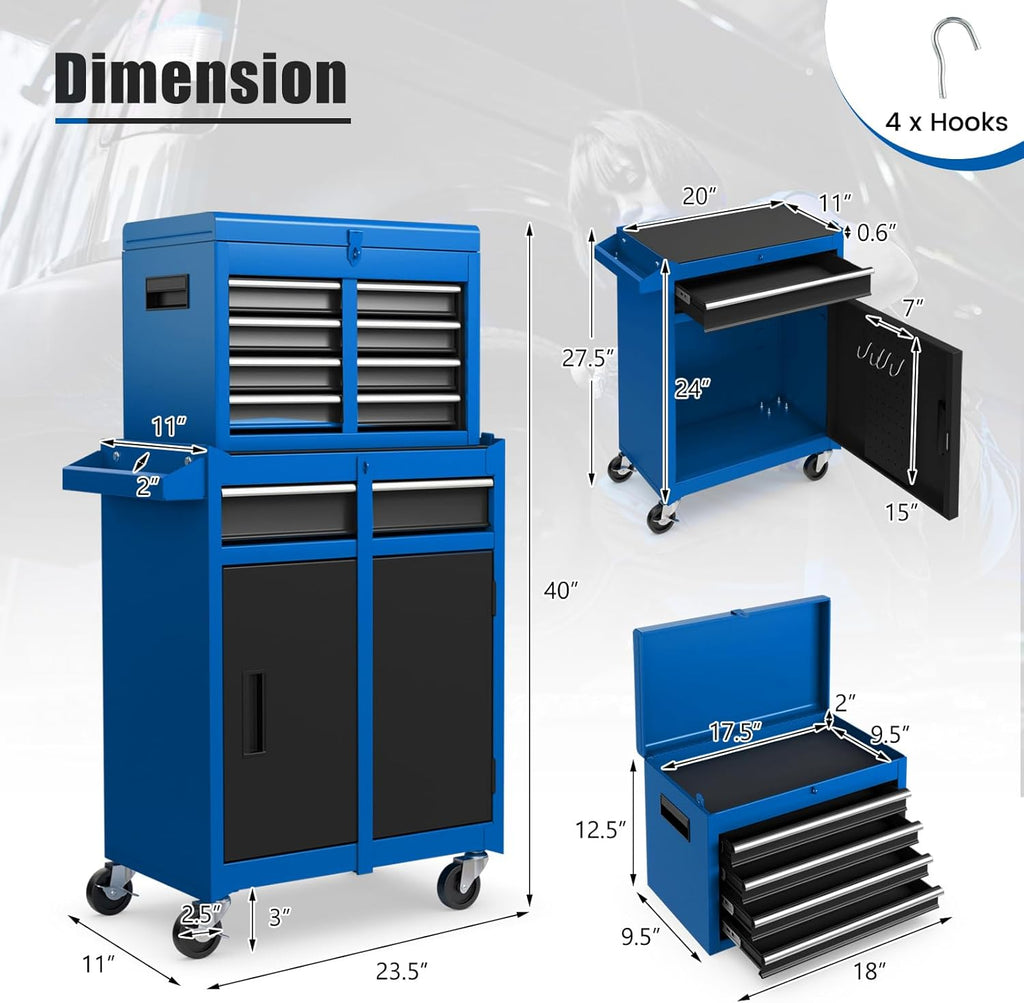 IRONMAX Rolling Tool Chest, 5-Drawer Lockable Tool Cabinet w/Adjustable Shelf & 4 Universal Wheels, 2 in 1 Detachable Tool Box Storage Organizer for Garage Workshop Repair Shop, Blue