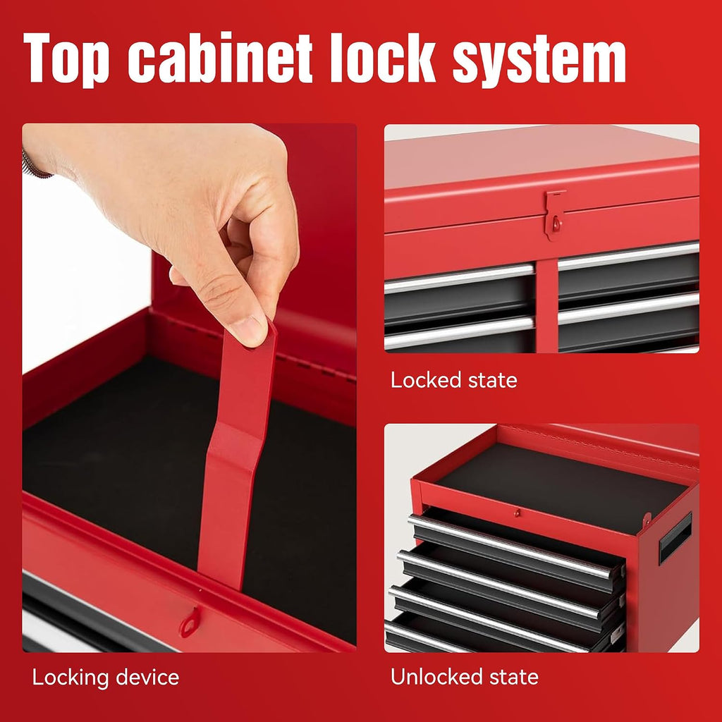 Tool Chest, 5-Drawer Rolling Tool Storage Cabinet with Detachable Top Tool Box, Liner, Universal Lockable Wheels, Adjustable Shelf, Locking Mechanism, Metal Tool Cart for Garage Workshop(red)