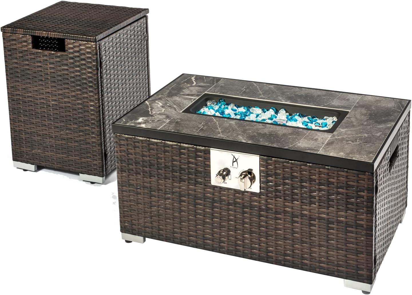 32in Gas Fire Pit Table Set, 50,000 BTU Propane Fire Pit Table Outdoor with Rain Cover, Hideaway Tank Holder Fits 20lb Tank, Gas Fire Pit for Outside w/Ceramic Tabletop and lid, Glass Rocks