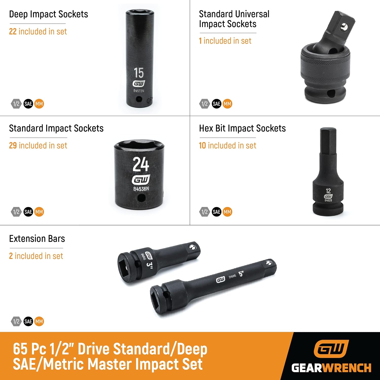 GEARWRENCH 65 Piece 1/2' Drive Standard & Deep SAE/MM Impact Socket Set - 89095