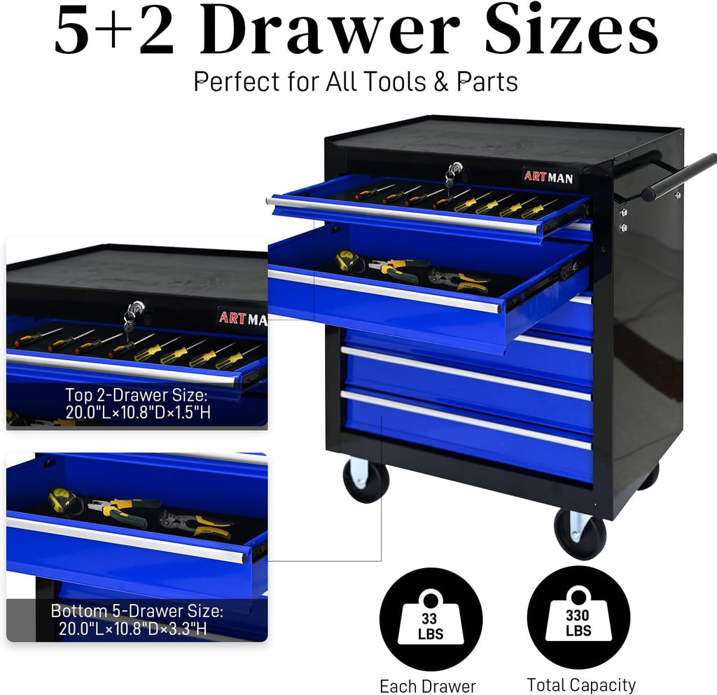 Rolling Tool Chest with 7-Drawer Tool Box with Wheels Multifunctional Tool Cart Mechanic Tool Storage Cabinet for Garage, Warehouse, Workshop, Repair Shop (Black & Blue)