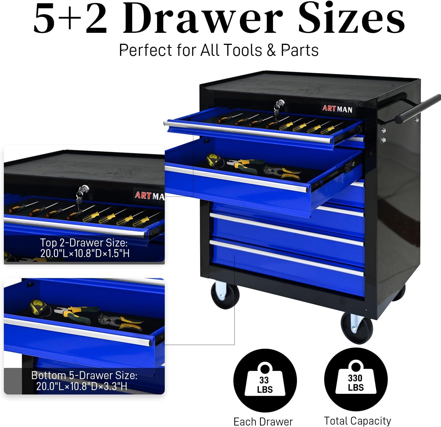 Rolling Tool Chest with 7-Drawer Tool Box with Wheels Multifunctional Tool Cart Mechanic Tool Storage Cabinet for Garage, Warehouse, Workshop, Repair Shop (Black & Blue)