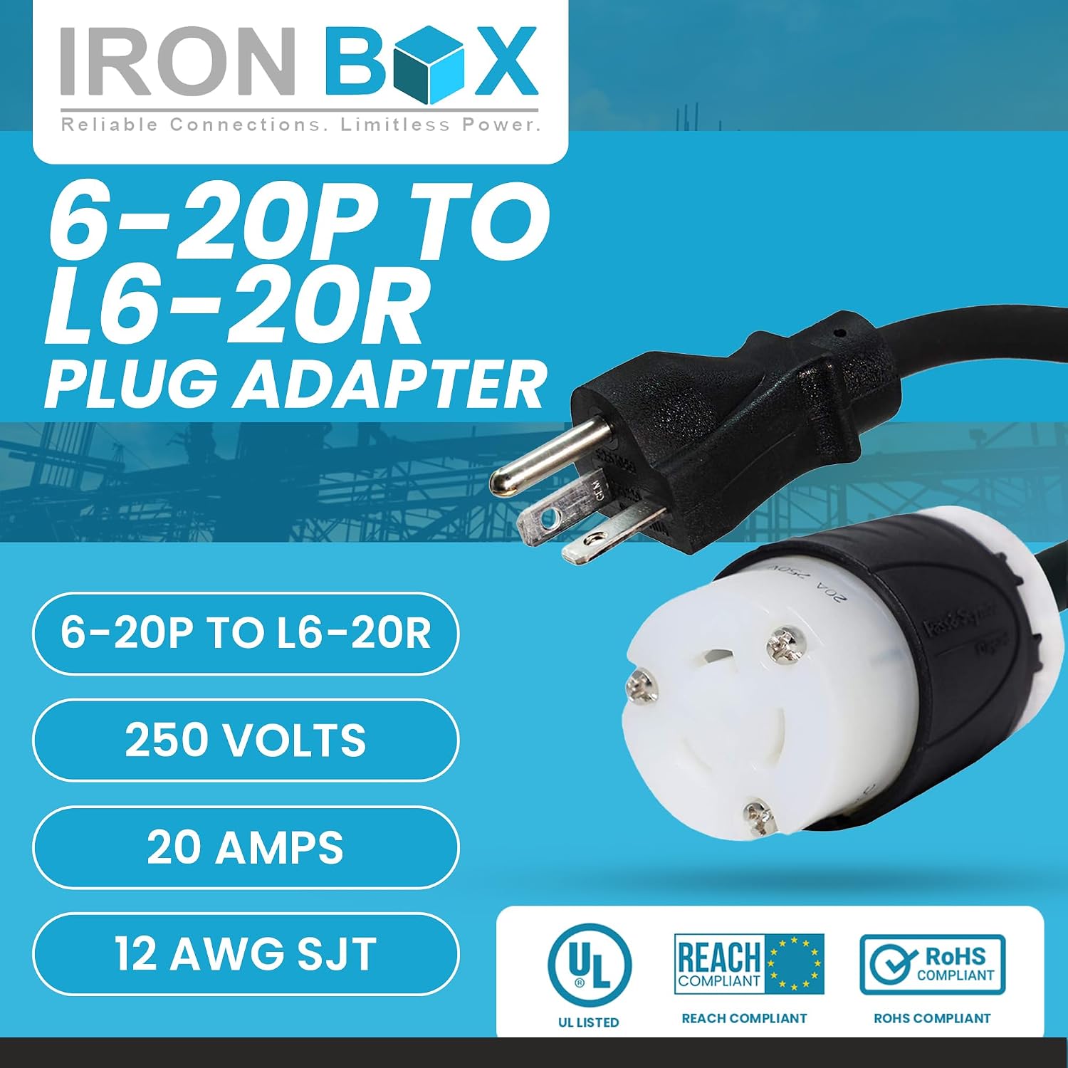 IronBox Electric 6-20P to L6-20R Plug Adapter Power Cord - 20A, 250V, 12/3 SJT - UL Listed Power Cord Extension Cable - Heavy Duty Plug and Connector for Generator, Data Centers & More (20ft, Build)