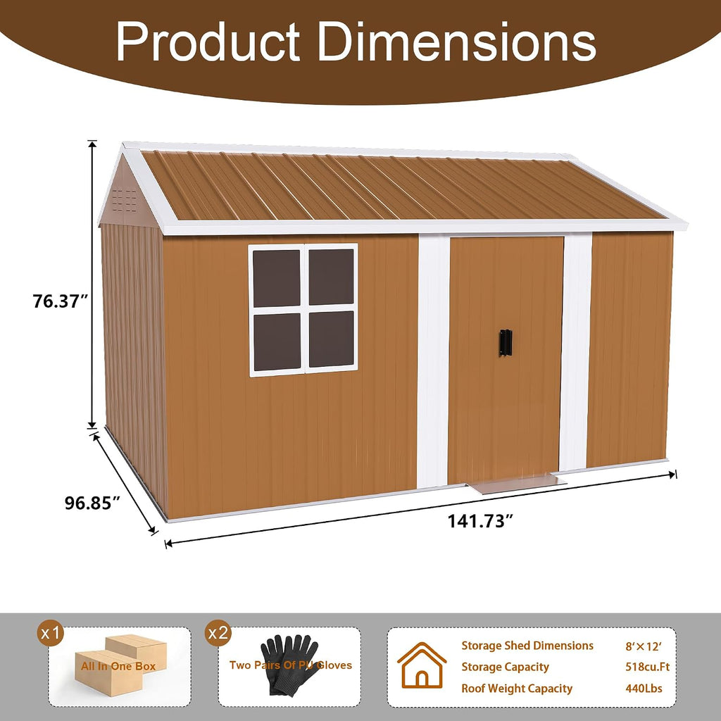 Outdoor Storage Shed, Heavy-Duty Metal Steel Shed with Windows, Lockable Door & Ventilation, Weatherproof Garden Shed for Backyard, Lawn, and Tool Storage (8x12 FT)