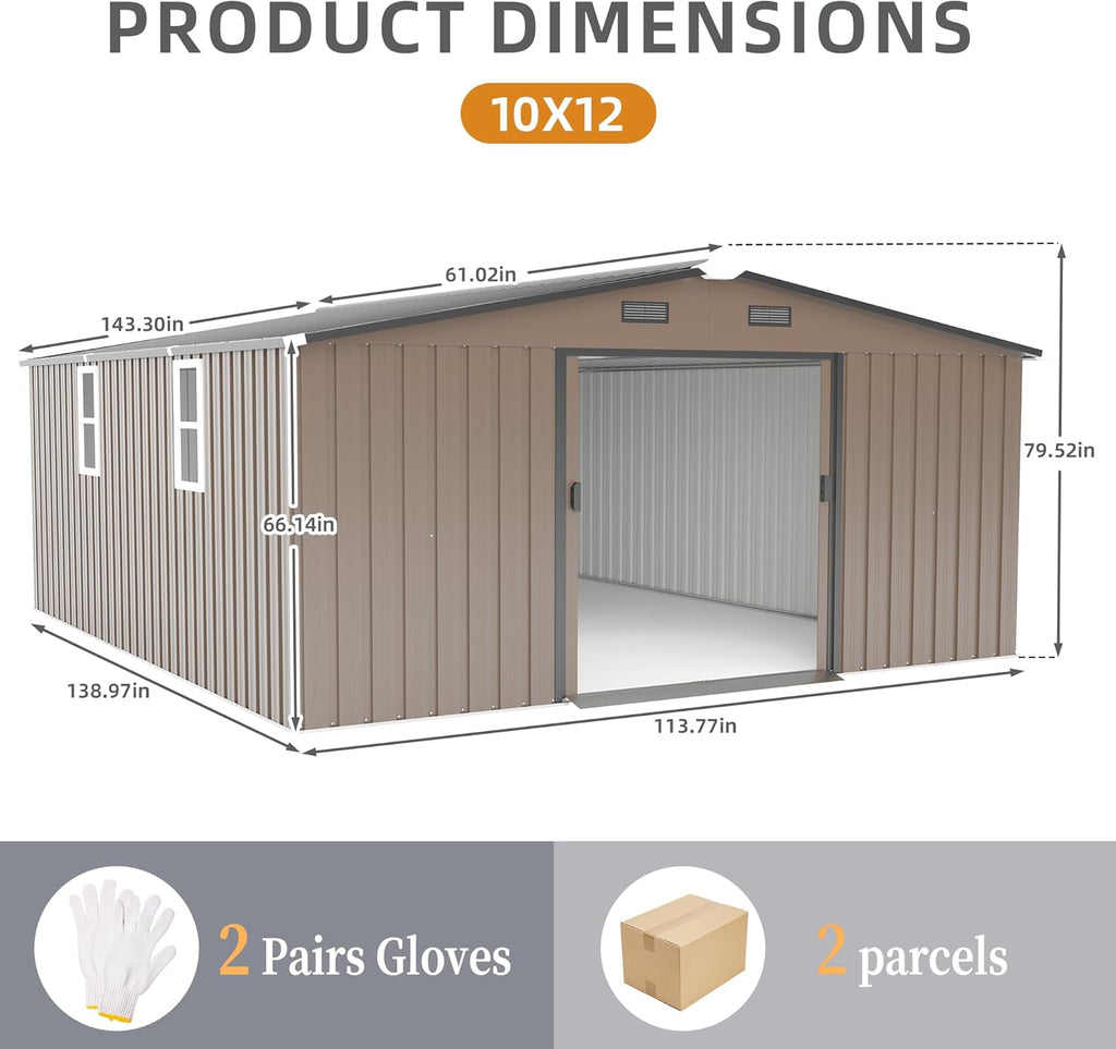10x12 FT Metal Outdoor Storage Shed with Windows and Tool Kit, Heavy Duty Color Steel Panel, Weatherproof Utility Shed for Backyard Garden, Large Storage Building for Tools, Equipment and Bikes