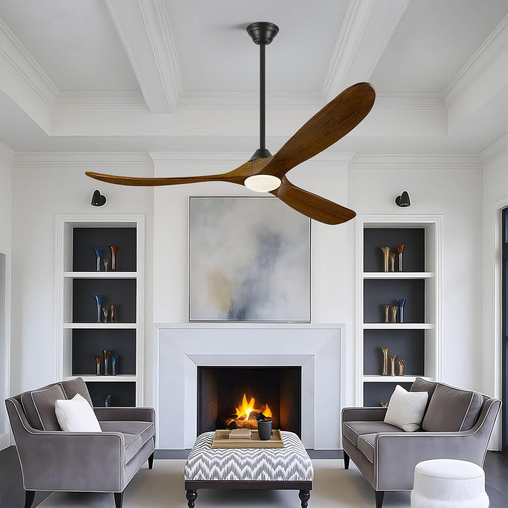 60 Inch Ceiling Fan with Light and Remote, Indoor Outdoor for Patio Gazebo Living Room - Rustic Farmhouse Style, Quiet 6-Speed Reversible DC Motor High CFM, 3 Wood Blades Dimmable with 3 Downrods