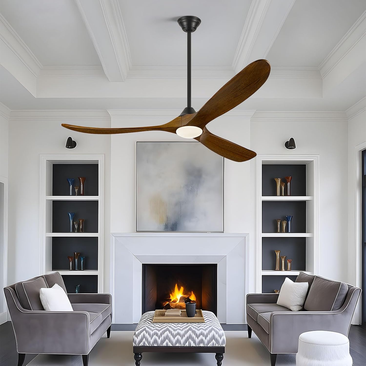60 Inch Ceiling Fan with Light and Remote, Indoor Outdoor for Patio Gazebo Living Room - Rustic Farmhouse Style, Quiet 6-Speed Reversible DC Motor High CFM, 3 Wood Blades Dimmable with 3 Downrods