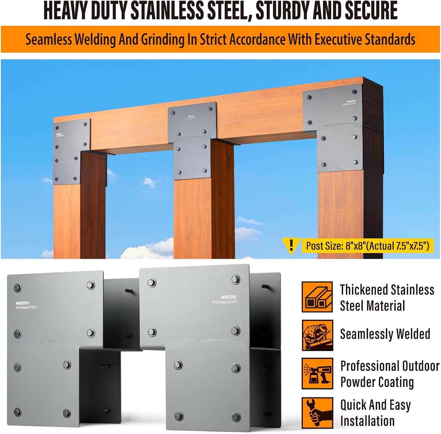 2 Pack Heavy Duty 8x8 (Actual 7.5'x7.5') Stainless Steel End Post Caps Tie Bracket , Fit Connecting Wood Gazebo, Deck Patio Post and Wood Beams Bracket (End Dark Ggray)