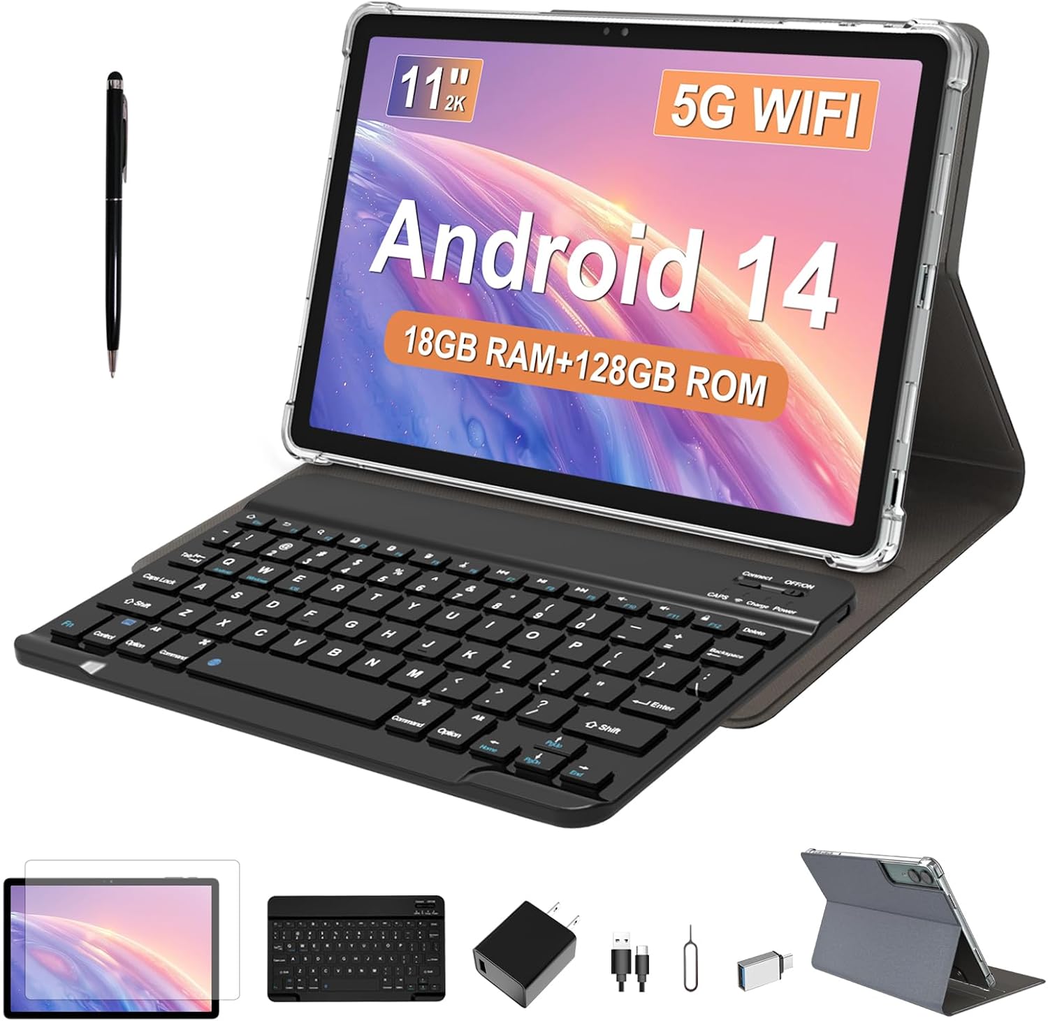 2026 Latest 11 inch Android Tablet, 18GB RAM, 128GB ROM, 1TB Expand, 2K Display, T616 Octa-Core, 5G WiFi, 13MP+5MP+5MP Camera, GPS, 9000mAh, Tablet with Case/Keyboard/Pen, Quad Speakers