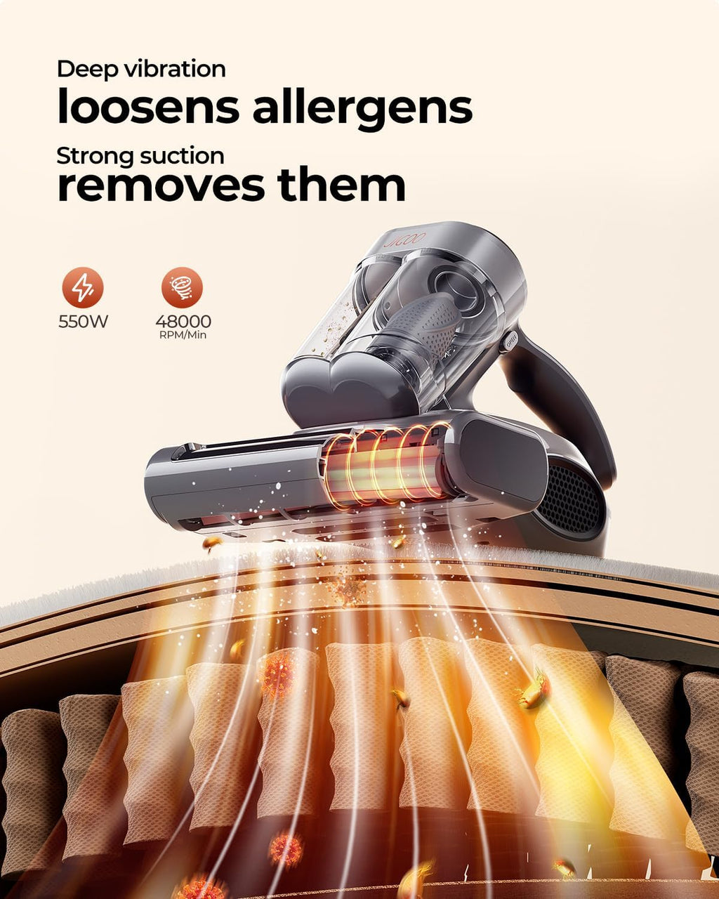 JIGOO J300 Pro Matture Vacuum Cleaner with 14Kpa 550W Powerful Suction, Infrared, UV & Heating Tech for Deep Cleaning, Anti-Allergen Bed Vacuum with Dust Sensor & Plant Fragrance for Bed, Sofa, Crib