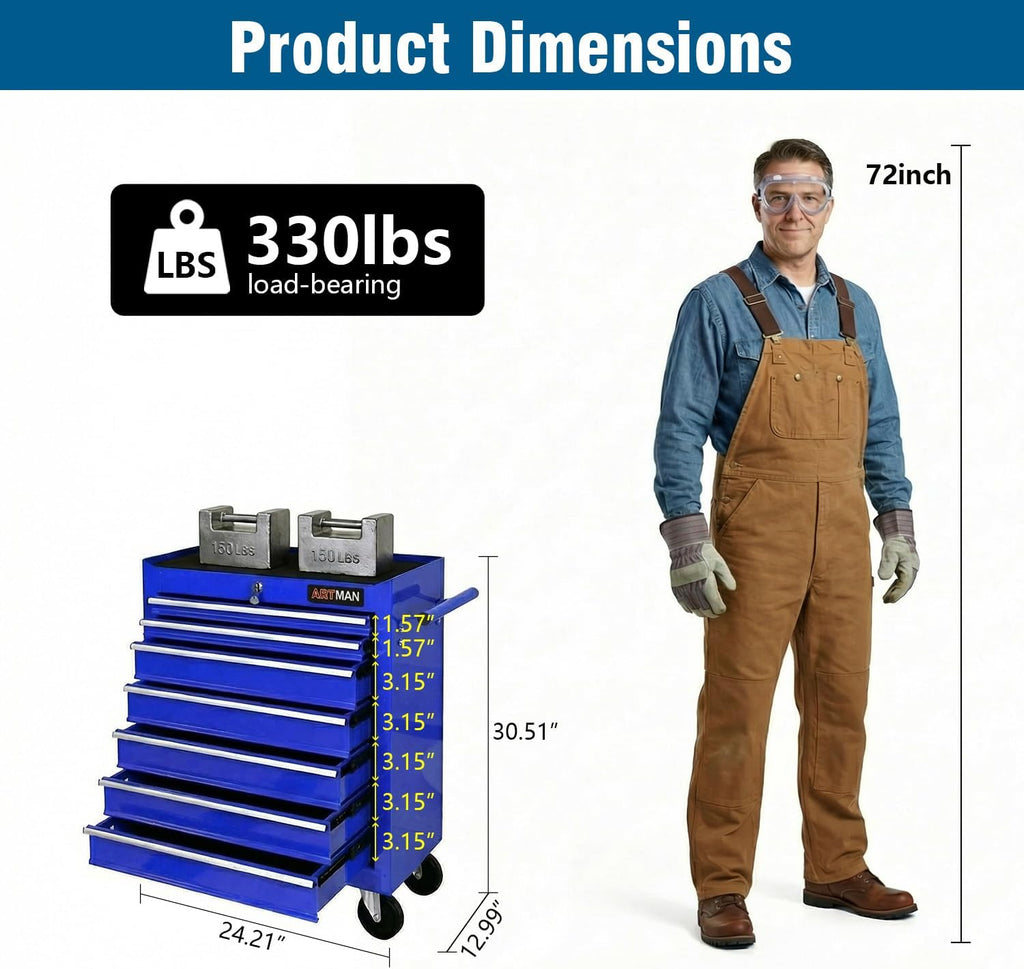 7 Drawers Tool Cart on Wheels, Multifunctional Rolling Tool Chest Tool Storage, Drawers Rolling Tool Trolley Organizer Tool Case for Garage,Warehouse,Workshop,Repair Shop (7 Drawers-Blue)
