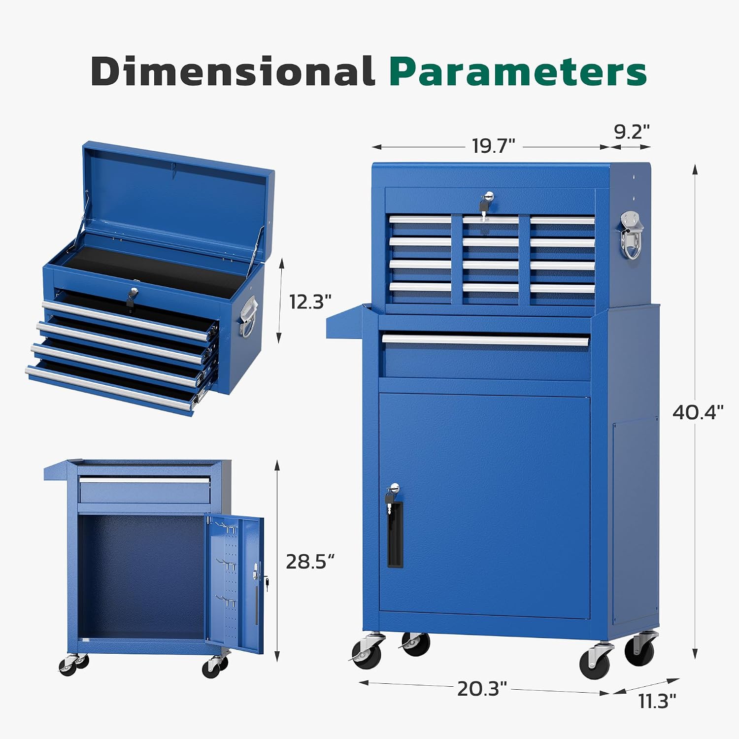 Greenvelly Tool Chest, 5-Drawer Rolling Tool Chest with Hooks and Lockable Wheels, Detachable Top Tool Box, Toolbox with Wheels, Rolling Tool Box for Mechanics Garage Workshop and Tool Room (Blue)