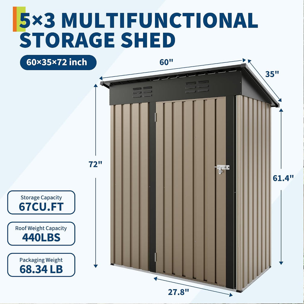 Garvee Metal Tool Shed with Single Door - Slanted Roof, Small Size, 5x3FT, Garden Storage, Outdoor Iron Tool Storage