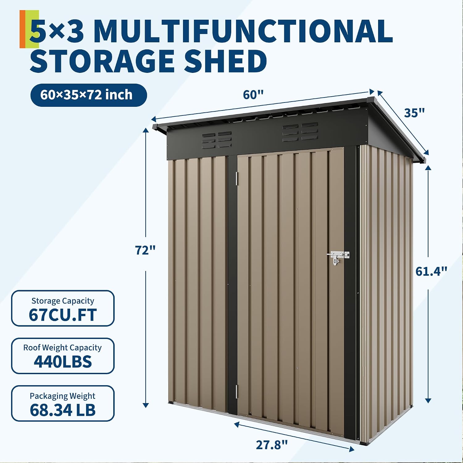 Garvee Metal Tool Shed with Single Door - Slanted Roof, Small Size, 5x3FT, Garden Storage, Outdoor Iron Tool Storage