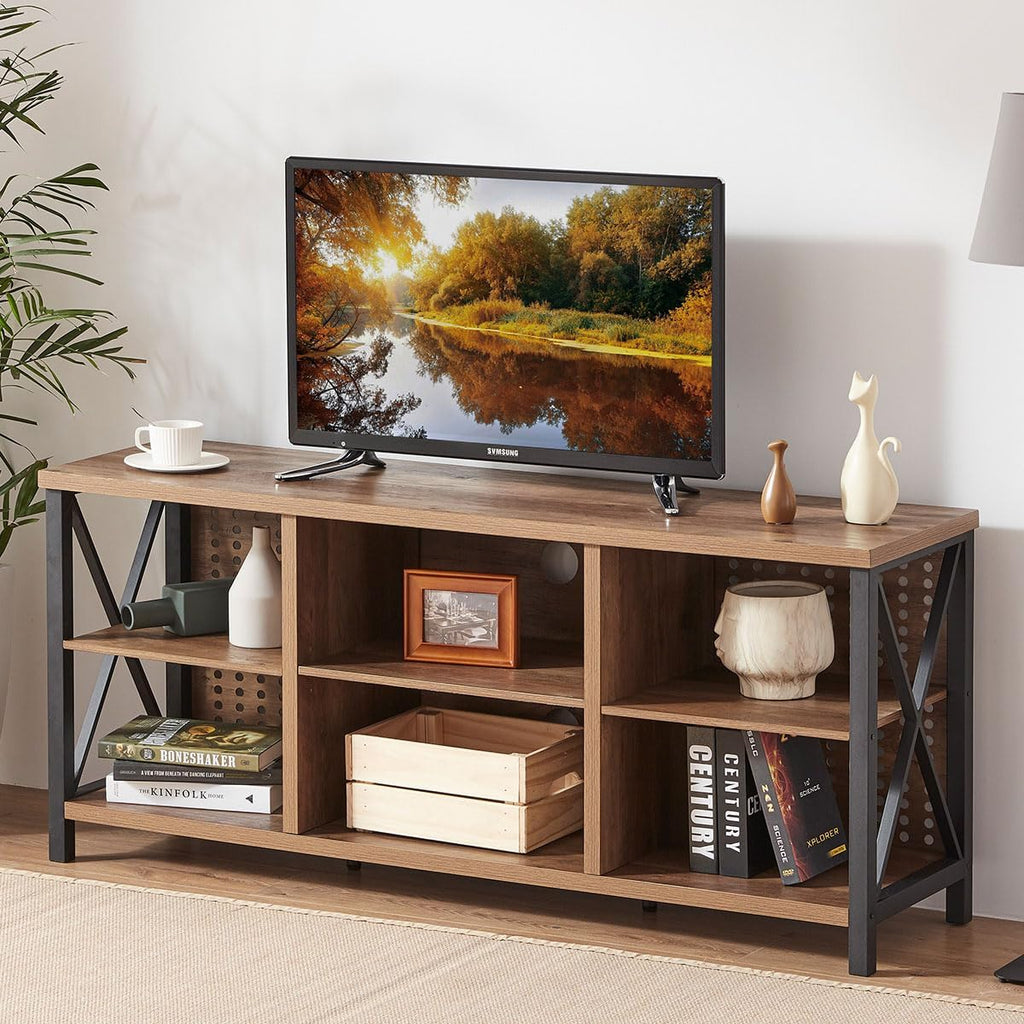 LVB TV Stand for 75 Inch TV, Large Industrial Rustic Entertainment Center with Storage Shelves, Long Modern Wood Metal Television Stand with TV Table Cabinet for Home Living Bedroom, Rustic Oak, 63 In