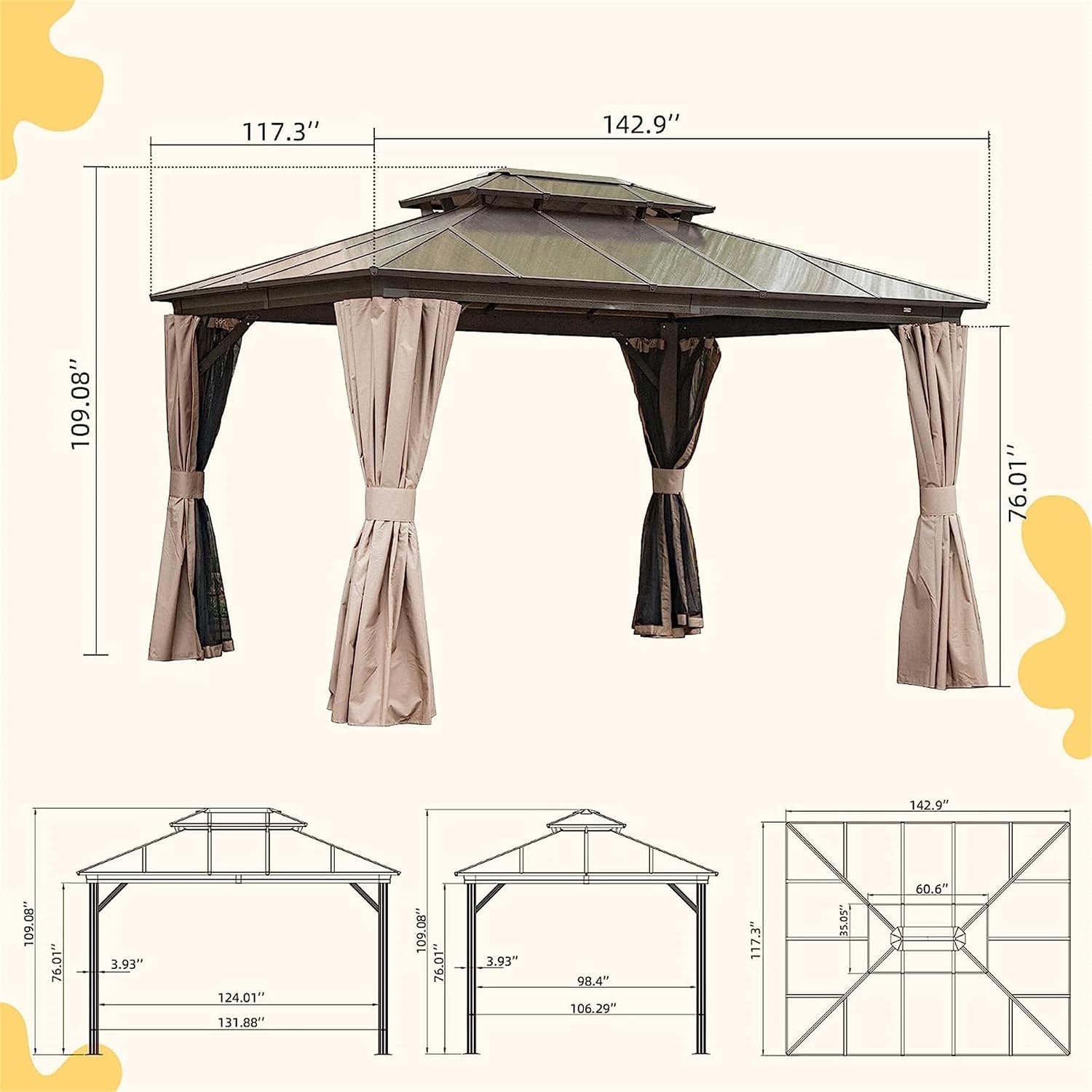 10x12Ft Hardtop Gazebo Outdoor Patio Gazebo with Polycarbonate Double Roof Aluminum Frame Pavilion with Curtain and Netting for Garden Patio Lawns Deck Backyard, Brown