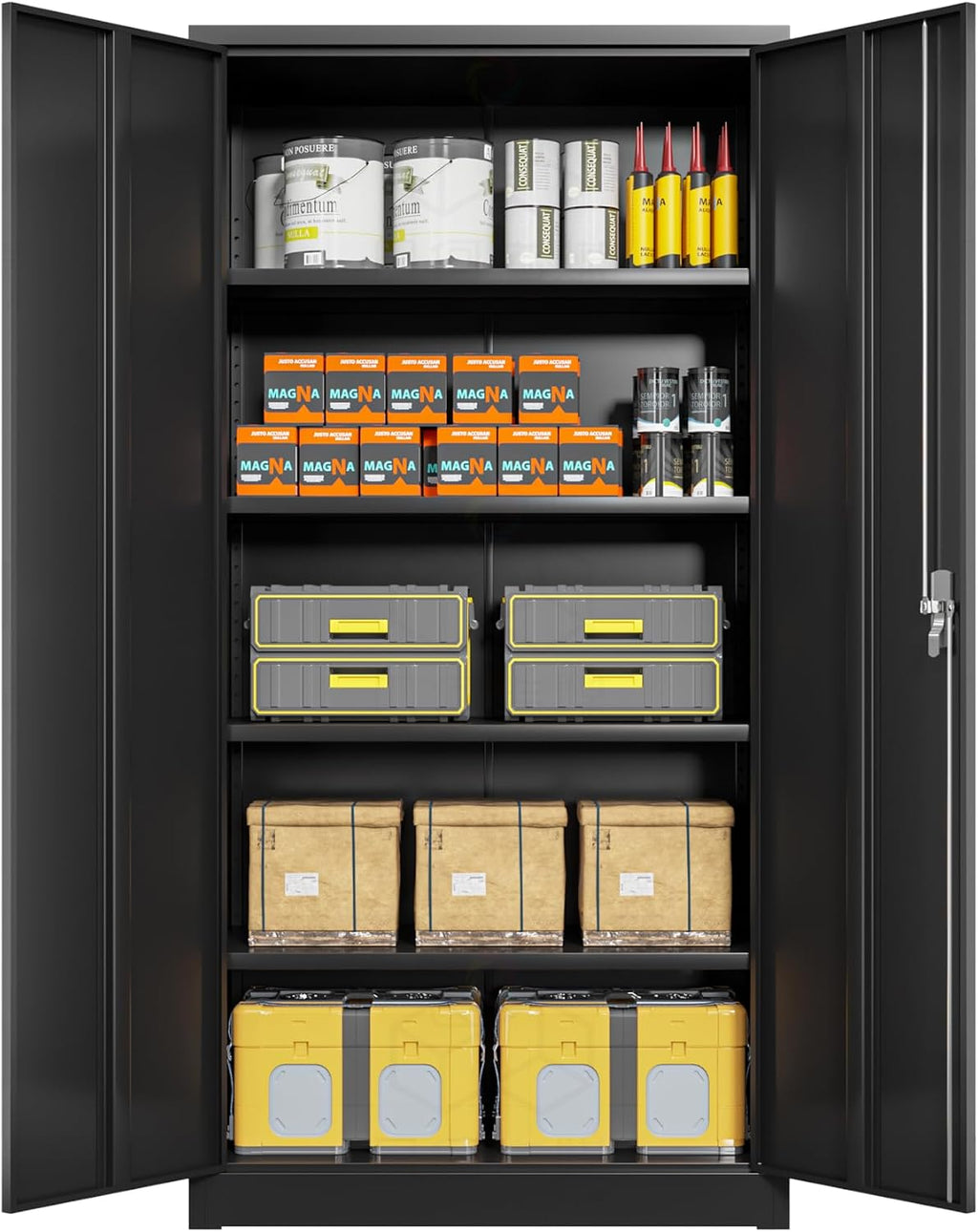 Black Iron Metal Lockable Storage Cabinet - Durable Home Office Garage Organizer for TV & Slim Storage - Secure Sideboard Locking Filing Pantry Tall Bathroom Floor Storage Cabinet with Lock