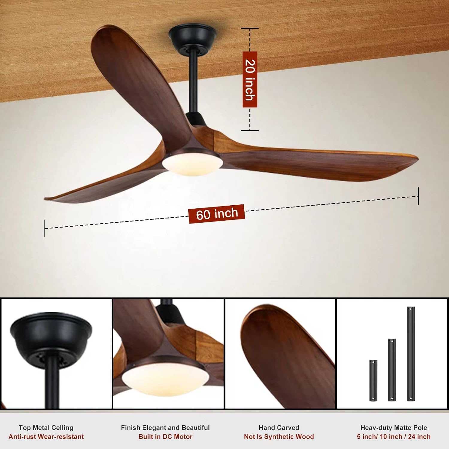 Farmhouse Ceiling Fans with Lights, 60 inch Outdoor Ceiling Fan for Patios with Light, 3 Blades Wood Ceiling Fan Damp Rated Large Airflow Commercial Ceiling Fans for Exterior House Porch Gazebo