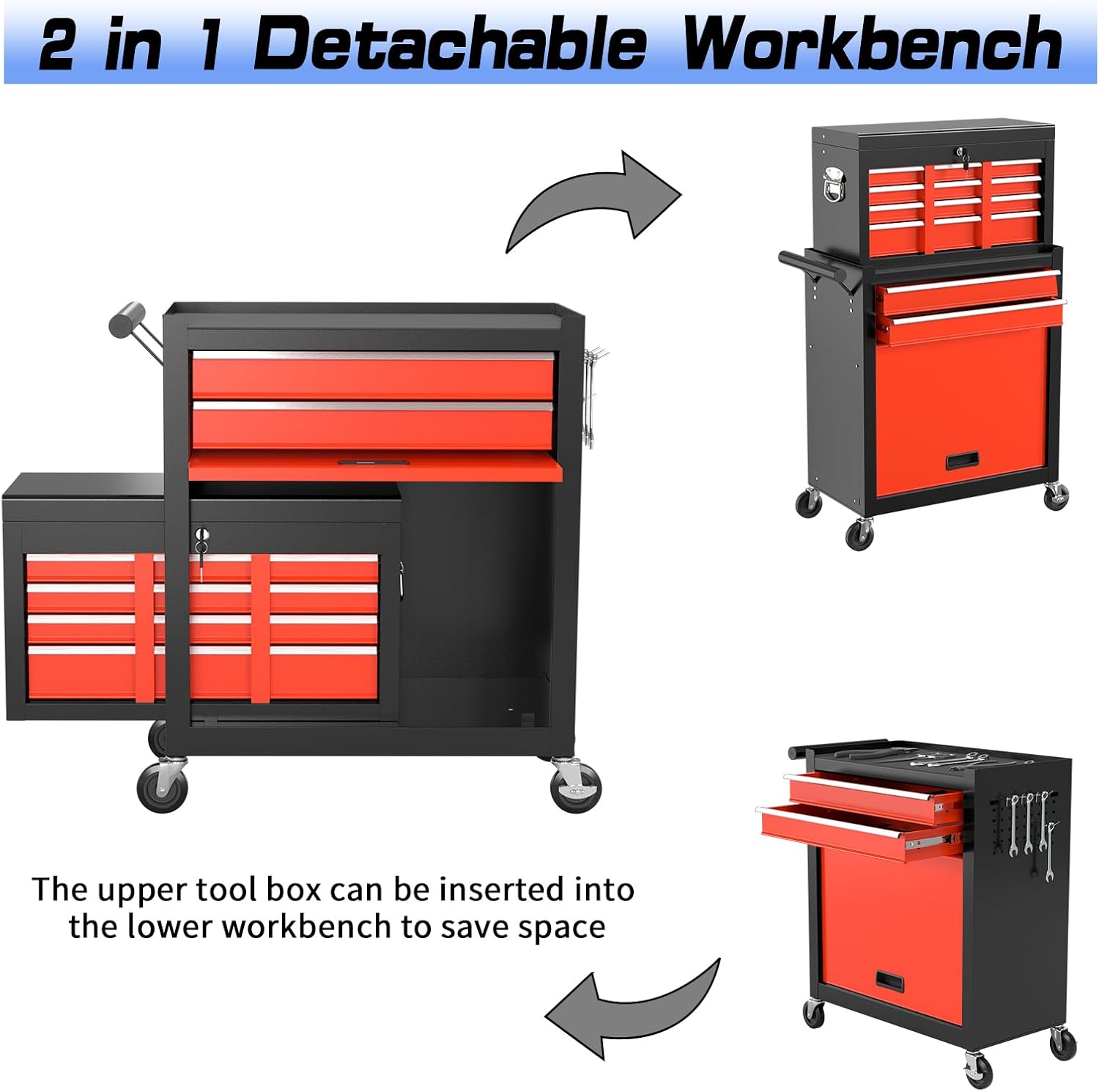8-Drawer Rolling Tool Chest Tool Box,Removable Tool Storage Cabinet with 4 Wheels and Drawers,2 in 1 Portable Toolbox Organizer, Tool Chest with Lockable Drawer Gifts for Men (BlackRed)