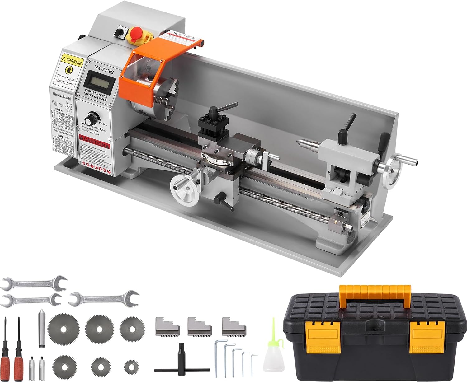 VEVOR 7'' x 16'' Metal Lathe Machine, 800W Precision Benchtop Power Metal Lathe, 150-2500 RPM Continuously Variable Speed, with 3.9'' 3-jaw Metal Chuck Come with Tool Box